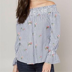 Miss Me Blue Striped Floral Off Shoulder Blouse L